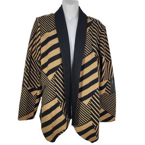 Chicos Jacket Cardigan Womens Medium 8 Brown Black Geometric Faux Leather Trim